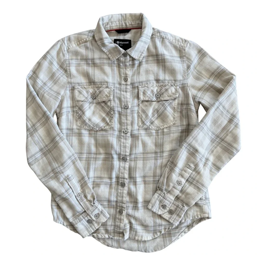 Marmot Womens XS Cream Gray Plaid Flannel Button Down Shirt Pockets Excellent - Picture 1 of 11
